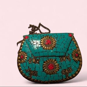 Turquoise Mosaic Floral Accent Crossbody Bag